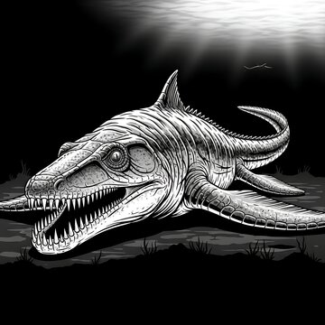 Illustration of a Prehistoric Mosasaurus Marine Reptile in the Deep Ocean.