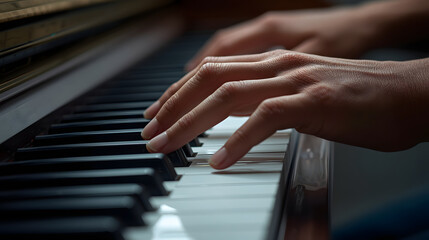 Obraz premium Close-up shot of a person's hands gracefully playing a piano, with fingers pressing the keys.