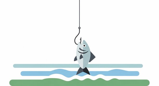 A cartoon fish is caught on a hook over water with green land