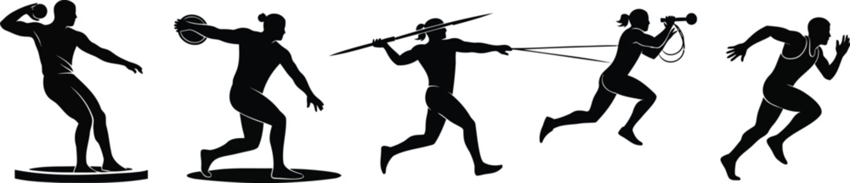 Athletics track and field sports vector illustration silhouettes of runners and throwers.