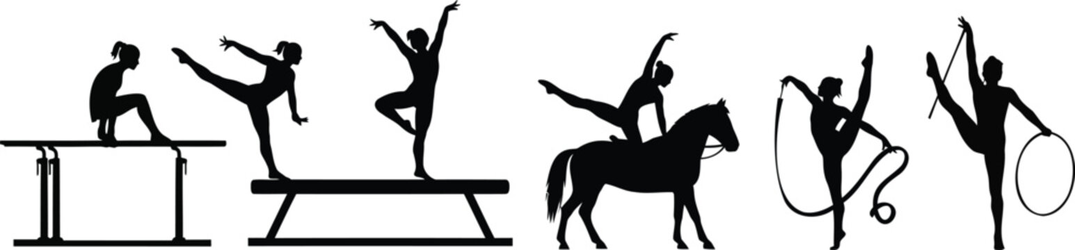Gymnastics silhouette vector illustration showing female athletes performing various poses.