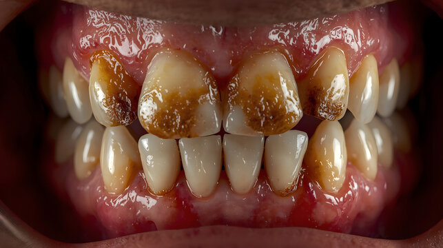 Close-up view of severely stained and neglected human teeth with significant plaque buildup and gum inflammation.