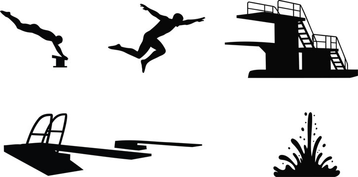 Professional diving tower vector silhouette illustration featuring aquatic sports line art.