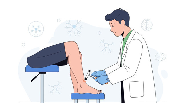 Neurologist examining patient's knee-jerk reflex with reflex hammer, medical check-up
