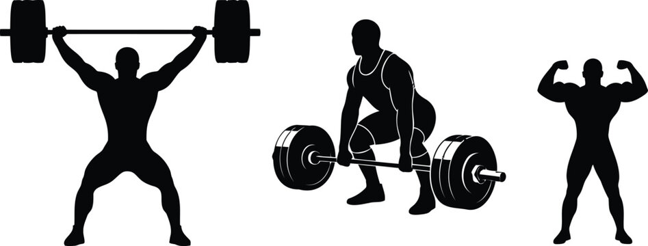 Weightlifting silhouette set vector illustration line art showing bodybuilding gym sports.