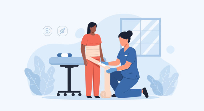 Nurse applying bandage to patient's leg in medical clinic, physiotherapy concept