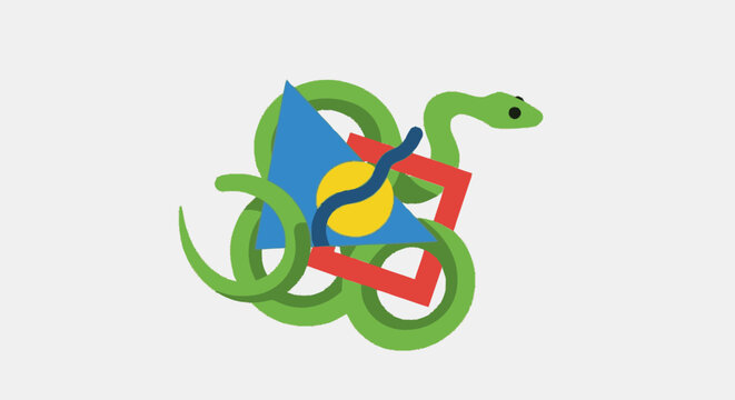 Minimalist green snake with colorful geometric shapes on white background