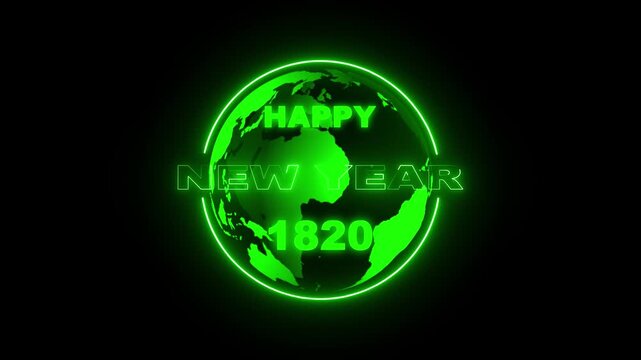 Happy new year 1820 neon globe animation on black background 4K. Futuristic 1820 new year typography with glowing earth sphere.