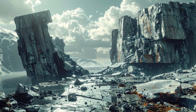 Deconstructed, massive rock formations jut out from a serene glacial landscape