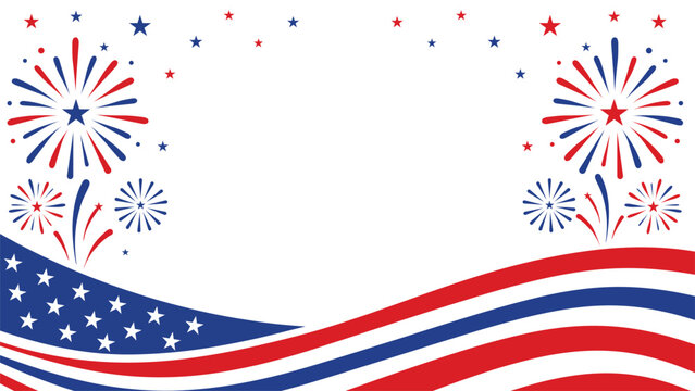Patriotic fireworks background with american flag waves