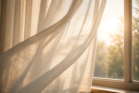 Sheer white curtain gently blowing in a soft breeze with warm morning sunlight streaming through a window and blurred trees outside.