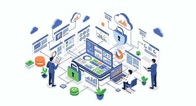 Business, office, workflow, automation, vector, isometric, illustration, 40 icons, elements, infographic