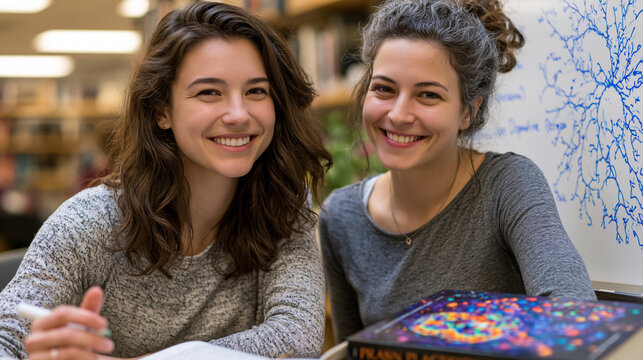 Two neuroscience graduate students debate beside a whiteboard covered in dopamine receptor diagrams, one holding a marker mid-gesture, a brain plasticity textbook open on the table, perfect for addi