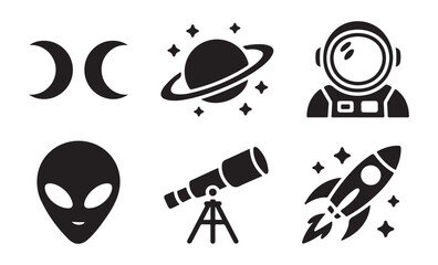 Vector icon set featuring celestial objects including astronaut telescope and rocket in dark style. © Mukti