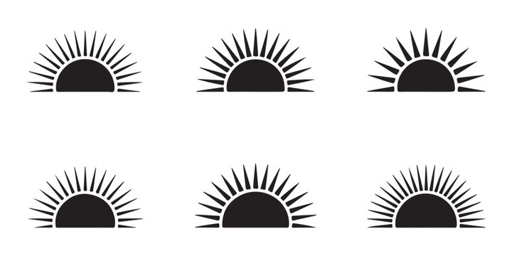 Set of isolated black vector icons of sunrise and sunset, half circle sun with rays.
