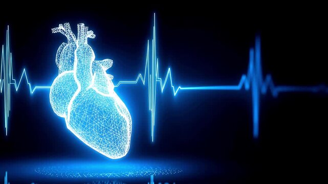 Abstract neon heart beat line animation background. Vibrant heart organ on black background beating. Medical technology. Health and innovative solutions
