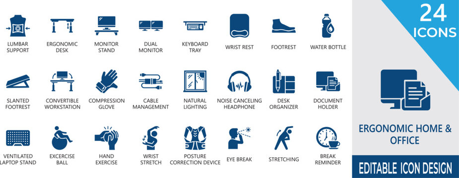 Premium solid icon set featuring ergonomic home office equipment. Includes wellness, keyboard, monitor, chair, adjustment,  desktop, standing desks, and posture-friendly workstation symbols.