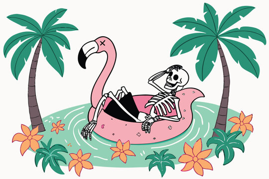 Skeleton relaxing on a giant inflatable pink flamingo pool float surrounded by palm trees and tropical flowers on a sandy beach during a sunny summer day illustration for vacation and holiday themes.