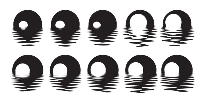 Black circle in water ripples. abstract flat icon, isolated vector. top view half sphere water reflection.