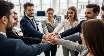 Obraz premium business team stacking hands in office high quality professional detailed modern