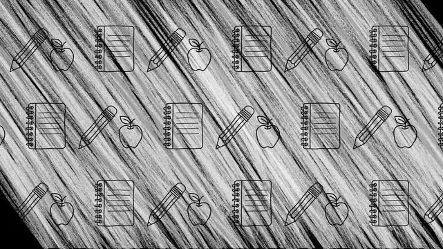 Background with animated icons on the theme of education and school: pencil, notepad, apple; dynamic animation of the background in the form of shading lines by hand, black and white style.