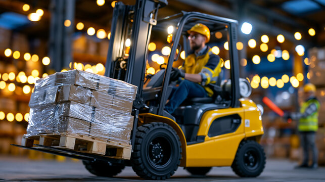 Forklift operator maneuvering loaded pallet at precise cross-dock transfer point, ground crew member guiding with orange baton under glowing overhead warehouse lights, perfect for cross-docking oper