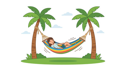 Obraz premium Woman relaxing in a colorful hammock between two palm trees on a tropical island