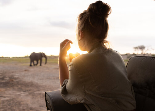 teen age girl in safari  vehicle looking at elephant Okavango Delta, Botswana, Africa