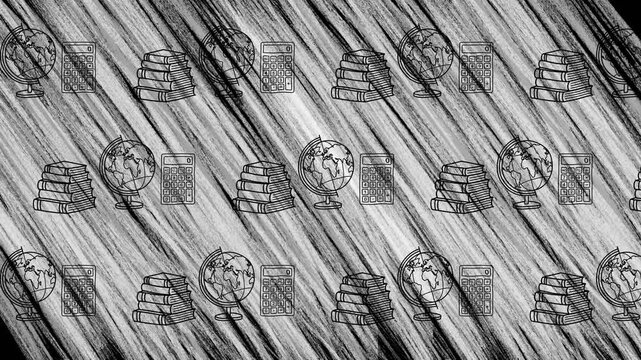 Background with animated icons on the theme of education and school: books, globe; dynamic animation of the background in the form of hand-drawn line hatching, black and white style.
