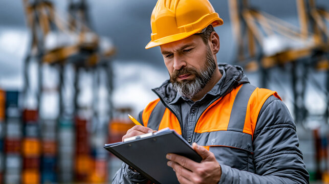 Port logistics coordinator documenting supply chain bottleneck at container terminal, clipboard against chest as cranes stand idle behind, overcast dramatic sky underscoring economic tension, ideal 