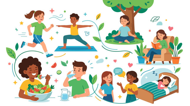 Illustration of people engaging in healthy lifestyle activities like exercise and eating well