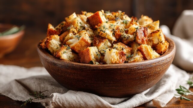 Homemade herb stuffing in a rustic wooden bowl, a cozy and traditional dish. Warm, golden-brown bread cubes seasoned with fresh herbs are presented in a charming earthenware bowl