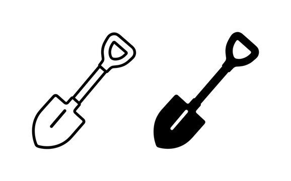 shovel outline construction and solid vector tool icon set on transparent background