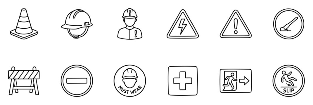 Construction warning and workplace safety outline icon collection on transparent background