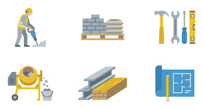 Construction tools, materials and engineering equipment flat vector icon set on transparent background