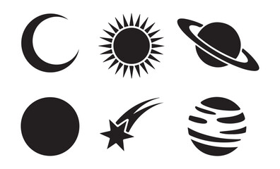 Solar system celestial bodies set with sun crescent moon saturn planet striped globe and meteorite. © Mukti