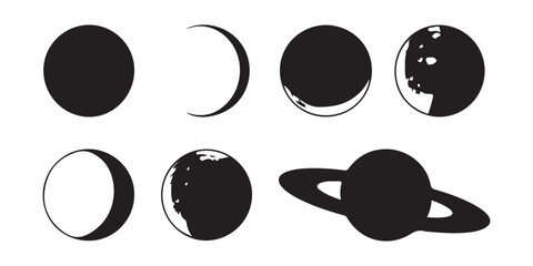 Lunar phases and planetary silhouettes showing earth moon saturn and orbital shadow transformations. © Mukti