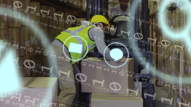 Warehouse worker reaching for box, forklift driver adjusting forks, digital overlays tagging stock