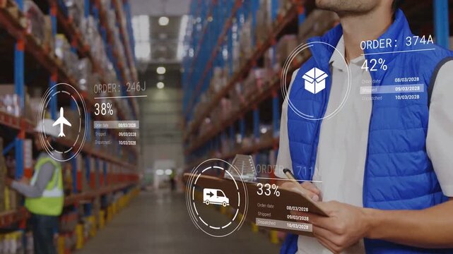 Depot lead holding clipboard tracking orders, picker scanning shelf causing AR HUD showing progress