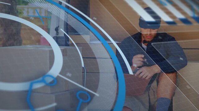 Driver tapping scanner scanning package at doorway confirming drop as blue overlay thinning smiling