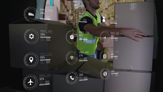 Warehouse bay opening starting loader moving in, lifting boxes while HUD metrics updating progress
