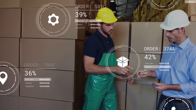 Logistics worker aligning boxes while lead pointing HUD box icons around and progress rising on tap