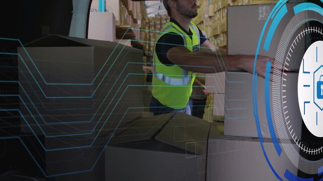 Male lifting cartons in warehouse as bay opening starting HUD overlaying lock icon tracking stock