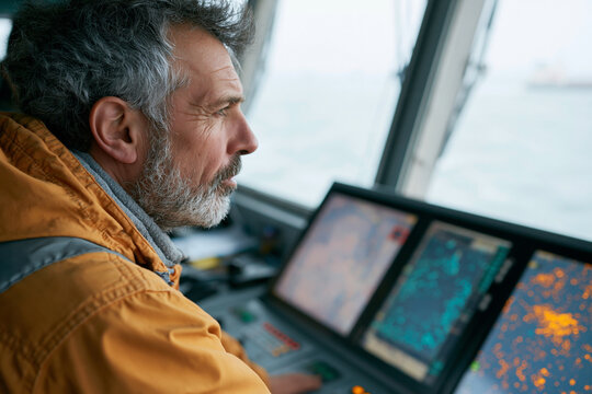 Man monitors maritime charts through cockpit window. Focused gaze signals vigilance during transit. Digital screens display navigation and sonar data. Coastal waters visible through glass panes behind