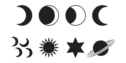 Set of isolated black vector icons of moon phases, small moons, sun, star, and saturn planet. © Mukti