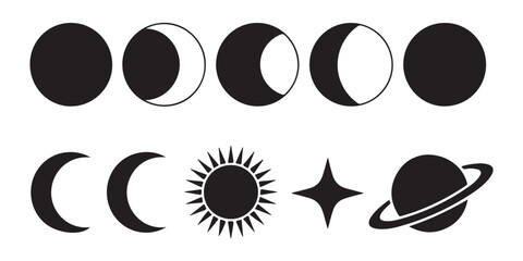 Set of isolated black vector icons of moon phases, crescent moon, sun, star, and saturn planet. © Mukti