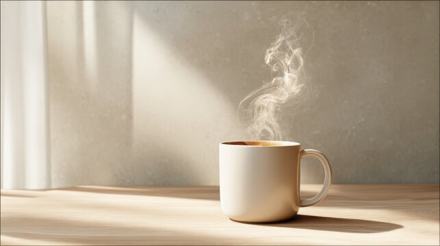 Steaming cup of coffee on a wooden table with soft morning light. A warm mug of coffee releases fragrant steam, creating a cozy and inviting atmosphere on a sunlit wooden surface