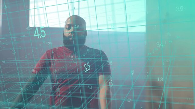 Man glancing left uncrossing checking watch for time while teal 3D grid tracking motion technology