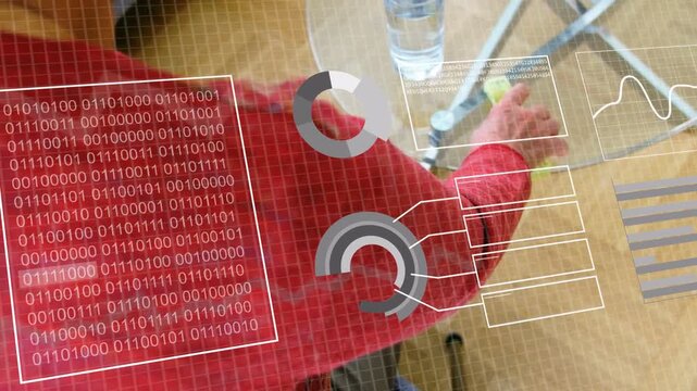 Senior woman handling green item, AR HUD showing health charts, lifting clear glass for monitoring