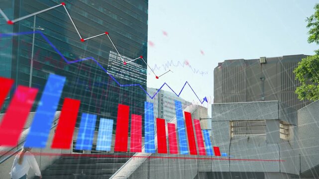 Red base appearing, finance chart rising showing market trend, people climbing steps occluding bars
